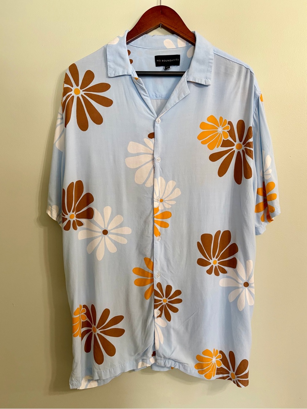 No Boundaries Pale Blue Floral Camp Shirt with Brown & Orange Blooms